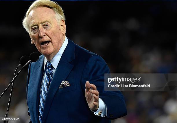 Dodgers announcer Vin Scully addresses the crowd during a retirement ceremony in his honor before the game at Dodger Stadium on September 23, 2016 in...