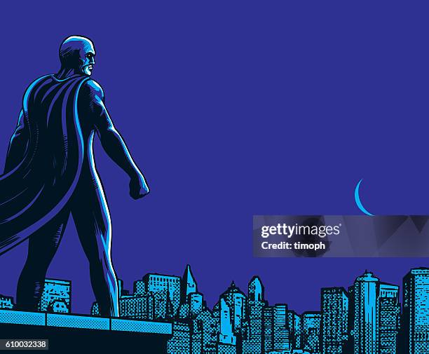 superhero back city night - heroes after dark stock illustrations