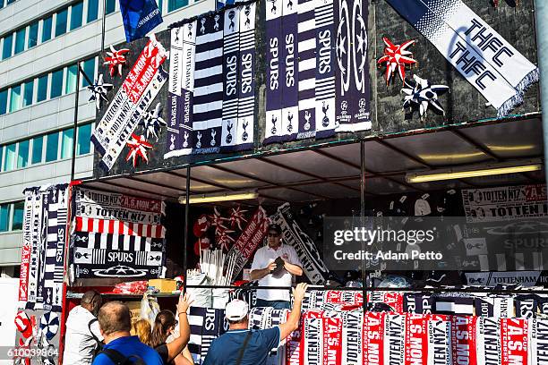 man selling tottenham football merchandise in kiosk, wembley, london, uk - soccer scarf stock pictures, royalty-free photos & images