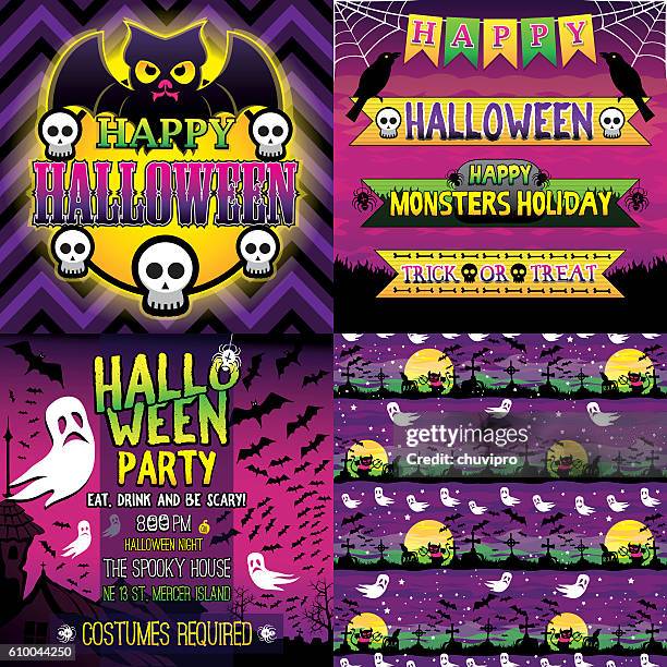 halloween set of frame, ribbons, invitation and seamless pattern - ugly spiders stock illustrations