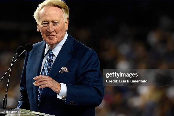 Dodgers announcer Vin Scully addresses the crowd during a retirement ceremony in his honor before the game at Dodger Stadium on September 23, 2016 in...