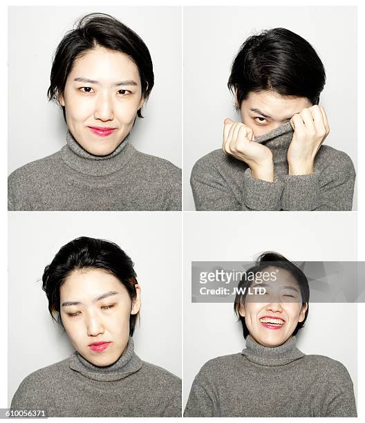 portrait of smiling young women in photo booth - multiple images different expressions stock-fotos und bilder