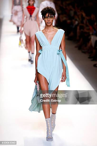 Model walks the runway at the Fendi designed by Silvia Venturini Fendi & Karl Lagerfeld show Milan Fashion Week Spring/Summer 2017 on September 22,...