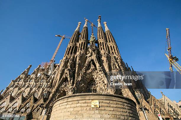 low angle view of sagrada familia cathedral - sagrada familia stockfoto's en -beelden