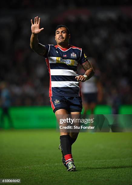 Tusi Pisi of Bristol in action during the Aviva Premiership match between Bristol Rugby and Exeter Chiefs at Ashton Gate on September 23, 2016 in...