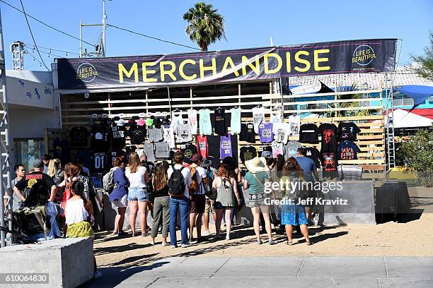 Festival goers seen at the merchandise booth during day 1 of the 2016 Life Is Beautiful festival on September 23, 2016 in Las Vegas, Nevada.