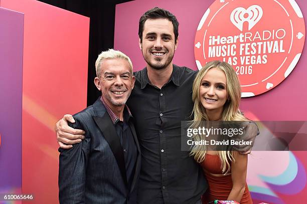 Radio personality Elvis Duran and tv personalities Ben Higgins and Lauren Bushnell attend the 2016 iHeartRadio Music Festival at T-Mobile Arena on...