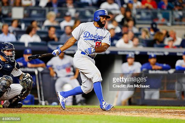 Andrew Toles of the Los Angeles Dodgers in action against the New York Yankees at Yankee Stadium on September 12, 2016 in the Bronx borough of New...