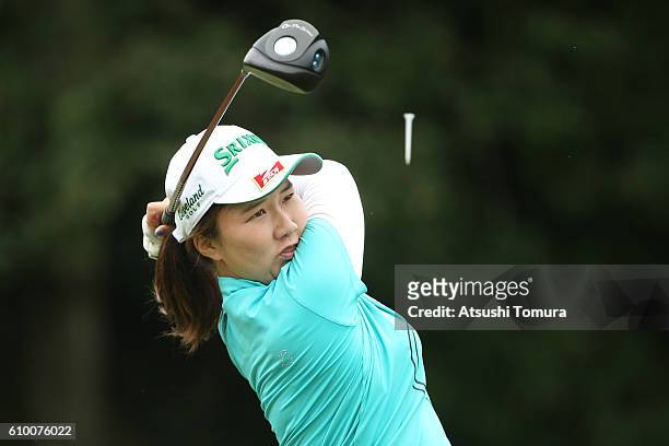 Asuka Ishikawa of Japan hits her tee shot on the 8th hole during the second round of the Miyagi TV Cup Dunlop Ladies Open 2016 at the Rifu Golf Club...