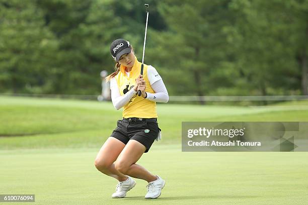 Ha-Neul Kim of South Korea reacts during the second round of the Miyagi TV Cup Dunlop Ladies Open 2016 at the Rifu Golf Club on September 24, 2016 in...