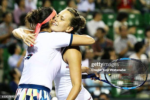 Sania Mirza of India and Barbora Strycova of Czech Republic celebrate the winner Chen Liang and Zhaoxuan Yang of China during women's Doubles Final...