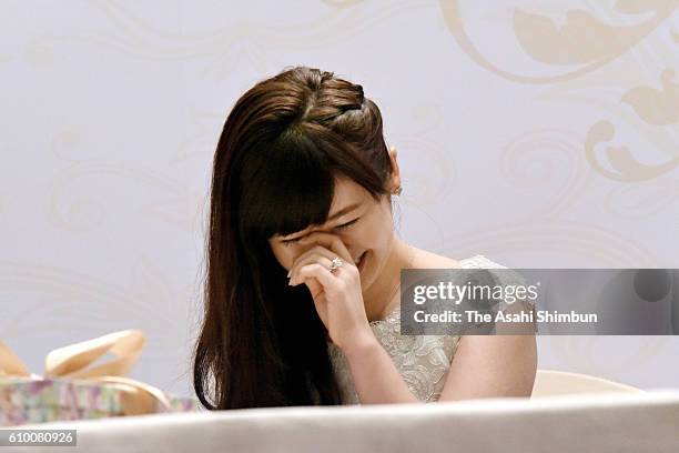 Table tennis player Ai Fukuhara attends a press conference annoucing her marriage with Chiang Hung-Chieh on September 22, 2016 in Taipei, Taiwan.