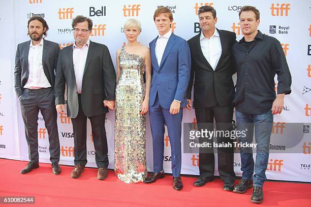 Actor Casey Affleck, writer/director Kenneth Lonergan, actors Michelle Williams, Lucas Hedges, Kyle Chandler and producer Matt Damon attend the...