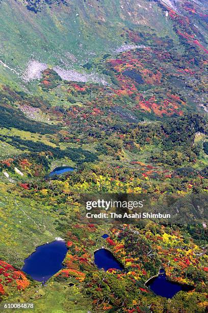 In this aerial image, the first fall colors of the year grace Mount Kurodake on September 22, 2016 in Kamikawa, Hokkaido, Japan. The leaves of rowan...