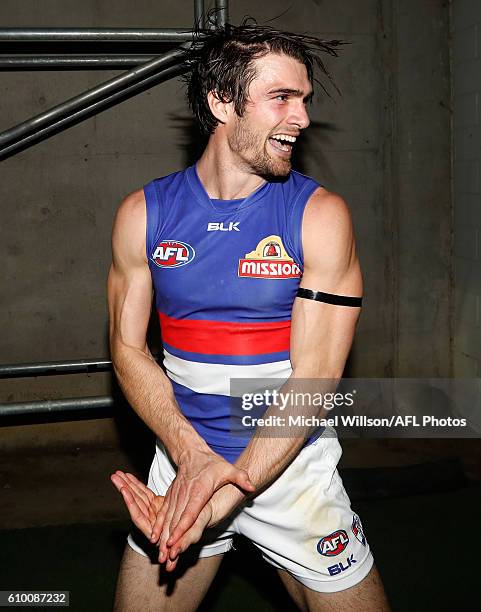 Easton Wood of the Bulldogs celebrates during the 2016 AFL First Preliminary Final match between the GWS Giants and the Western Bulldogs at Spotless...