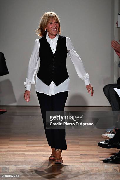 Designer Simonetta Ravizza walks the runway at the Simonetta Ravizza show during Milan Fashion Week Spring/Summer 2017 on September 24, 2016 in...