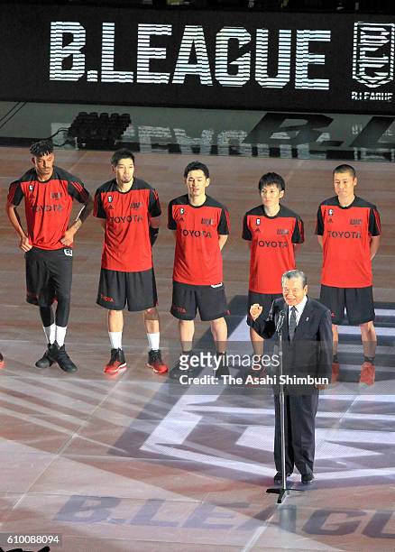 Former B.League Chairman Saburo Kawabuchi addresses after the B.League opening match between Alvark Tokyo and Ryukyu Golden Kings at the Yoyogi...