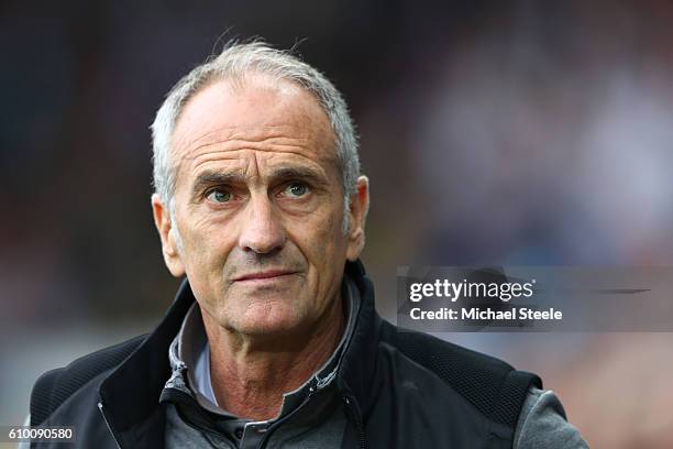 Francesco Guidolin, Manager of Swansea City looks on during the Premier League match between Swansea City and Manchester City at the Liberty Stadium...