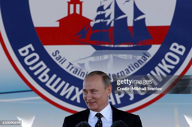 Russian President Vladimir Putin speeches while visiting the SCF Black Sea Tall Ship Regatta 2016 at the Sea port of Sochi, Russia, on September 2016.