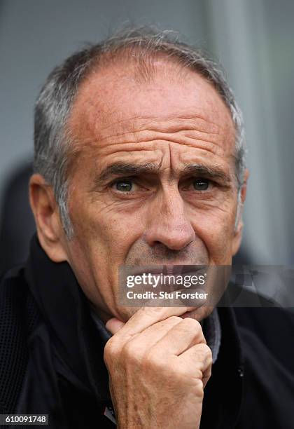 Francesco Guidolin manager of Swansea City looks on prior to the Premier League match between Swansea City and Manchester City at the Liberty Stadium...