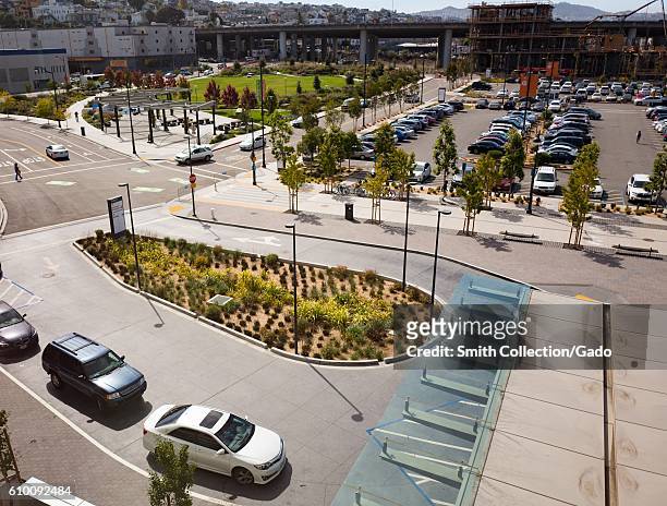 Aerial view of front entrance to the University of California San Francisco medical center in the Mission Bay neighborhood of San Francisco,...