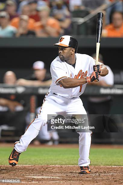 Michael Bourn of the Baltimore Orioles prepares for a pitch during a baseball game against the against the Boston Red Sox at Oriole Park at Camden...