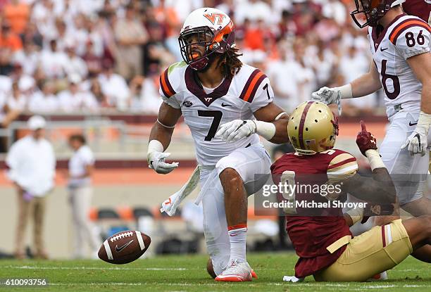 Tight end Bucky Hodges of the Virginia Tech Hokies reacts following his reception against the Boston College Eagles in the first half at Lane Stadium...