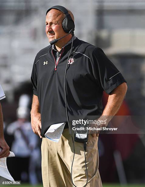 Head coach Steve Addazio of the Boston College Eagles looks on during the game against the Virginia Tech Hokies at Lane Stadium on September 17, 2016...