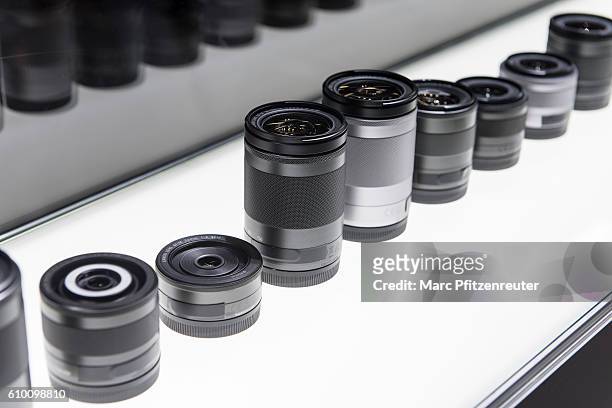 Canon lenses are displayed at the 2016 Photokina trade fair on September 24, 2016 in Cologne, Germany. Photokina is the world's largest trade fair...