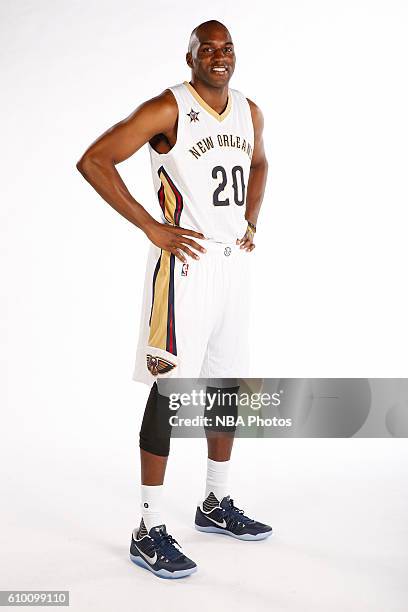 Quincy Pondexter of the New Orleans Pelicans poses for a portrait during the 2016 NBA Media Day on September 23, 2016 at the Smoothie King Center in...