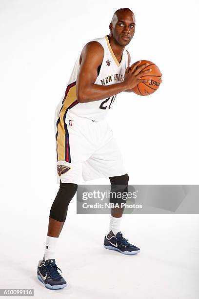 Quincy Pondexter of the New Orleans Pelicans poses for a portrait during the 2016 NBA Media Day on September 23, 2016 at the Smoothie King Center in...