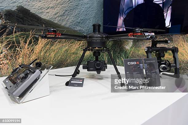 The new Yuneec TORNADO CGO4 Gimbal Camera is displayed at the 2016 Photokina trade fair on September 24, 2016 in Cologne, Germany. Photokina is the...