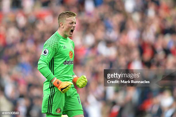 Jordan Pickford of Sunderland celebrates his sides goal during the Premier League match between Sunderland and Crystal Palace at the Stadium of Light...