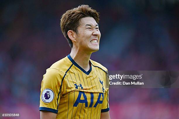 Heung-Min Son of Tottenham Hotspur reacts during the Premier League match between Middlesbrough and Tottenham Hotspur at the Riverside Stadium on...