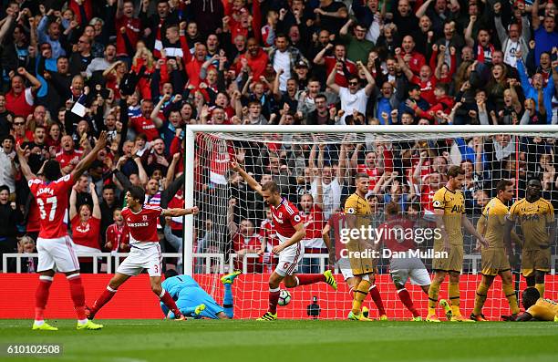 Ben Gibson of Middlesbrough scores his sides first goal during the Premier League match between Middlesbrough and Tottenham Hotspur at the Riverside...