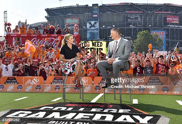 S Samantha Ponder interviews head coach Justin Fuente of the Virginia Tech Hokies during College Gameday prior to the game between the Virginia Tech...