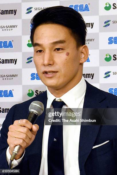 Swimmer Takeshi Matsuda speaks during a press conference announcing his retirement on September 12, 2016 in Tokyo, Japan.