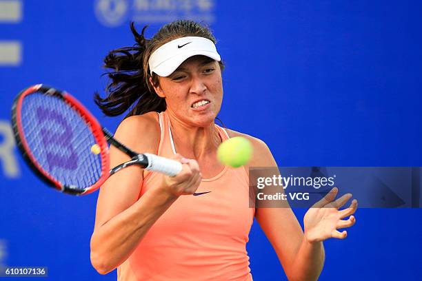 Samantha Crawford of U.S.A returns a shot in the qualifying match against Heather Watson of Britain during 2016 WTA Dongfeng Motor Wuhan Open at...