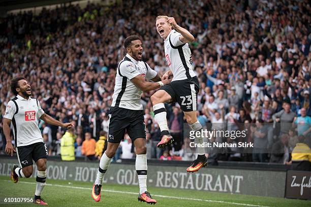 Matej Vydra of Derby County celebrates after scoring the first goal iduring the Sky Bet Championship match between Derby County and Blackburn Rovers...