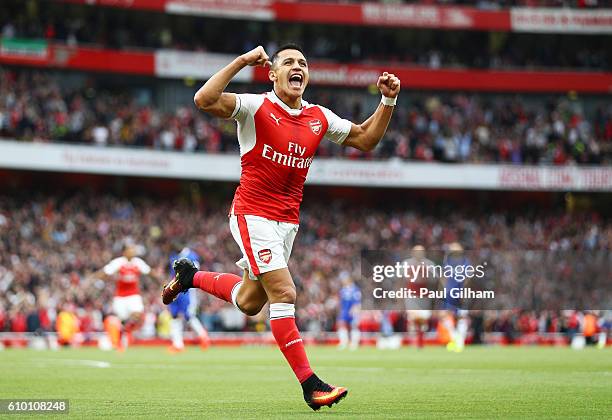 Alexis Sanchez of Arsenal celebrates scoring his sides first goal during the Premier League match between Arsenal and Chelsea at the Emirates Stadium...