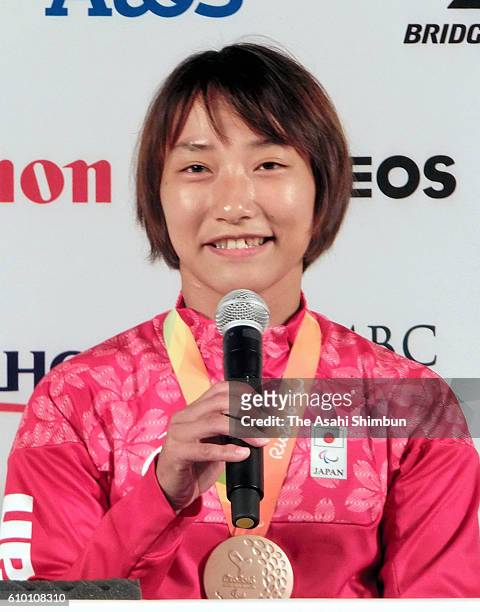Judo Women's -57 kg Bronze Medalist Junko Hirose speaks during a Japanese Medalists Press Conference on day 4 of the Rio 2016 Paralympic Games at the...