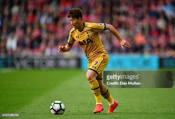 Heung-Min Son of Tottenham Hotspur in action during the Premier League match between Middlesbrough and Tottenham Hotspur at the Riverside Stadium on...