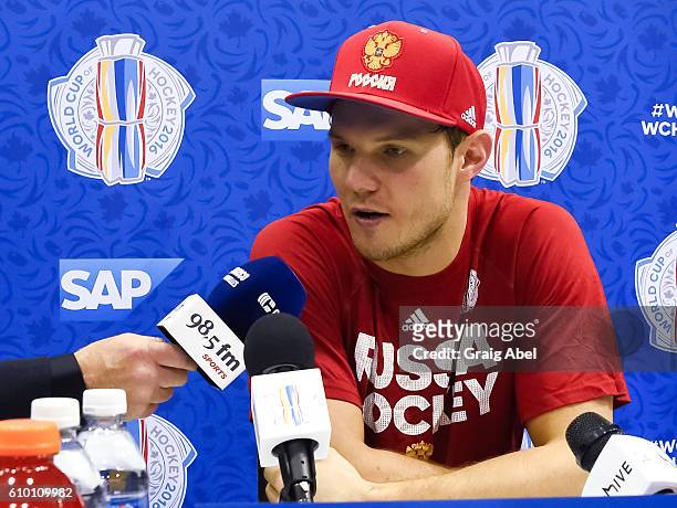 Dmitry Kulikov of Team Russia talks to the media during the World Cup of Hockey 2016 practice sessions at Air Canada Centre on September 24, 2016 in...
