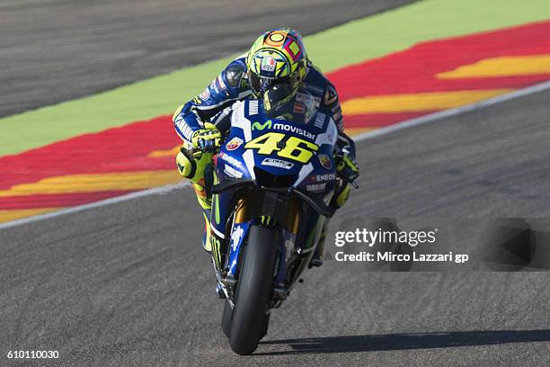 Valentino Rossi of Italy and Movistar Yamaha MotoGP heads down a straight during the MotoGP of Spain - Qualifying at Motorland Aragon Circuit on...