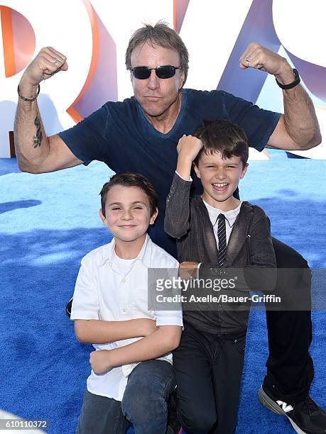 Actor Kevin Nealon, son Gable Nealon and guest arrive at the premiere of Warner Bros. Pictures' 'Storks' at Regency Village Theatre on September 17,...