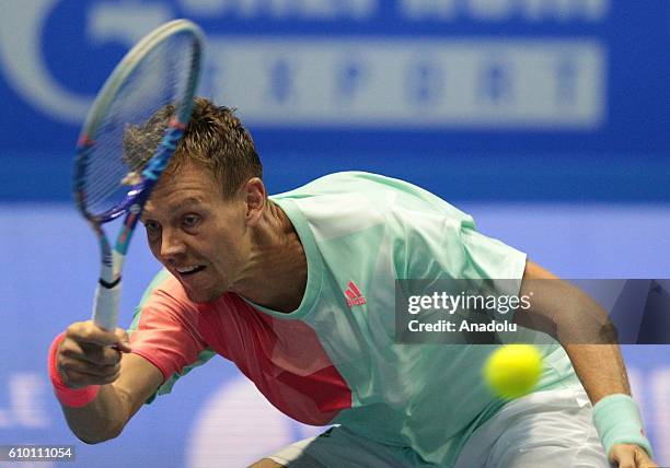 Tomas Berdych of Czech Republic in action against Alexander Zverev of Germany during the semifinal of Men's singles of Saint-Petersburg Open 2016...