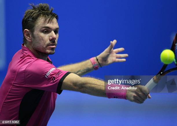 Stan Wawrinka of Switzerland in action against Roberto Bautista of Spain during the semifinal of Men's singles of Saint-Petersburg Open 2016...