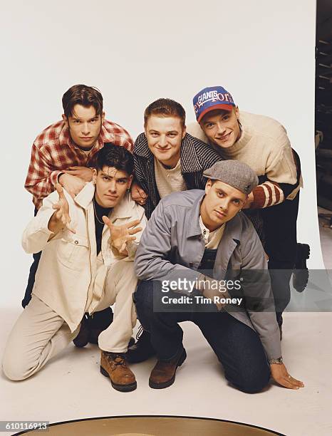Irish boy band Boyzone, circa 1996. Clockwise from top left, they are Stephen Gately , Mikey Graham, Ronan Keating, Keith Duffy and Shane Lynch.