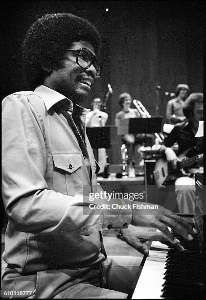 American Jazz musician Herbie Hancock plays keyboards during a rehearsal at Avery Fisher Hall, New York, New York, June 1978. The rehearsals, with...