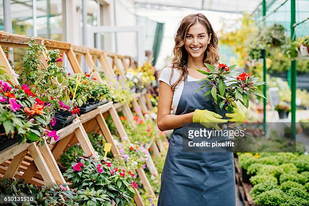 smiling young gardener - plant nursery stock pictures, royalty-free photos & images